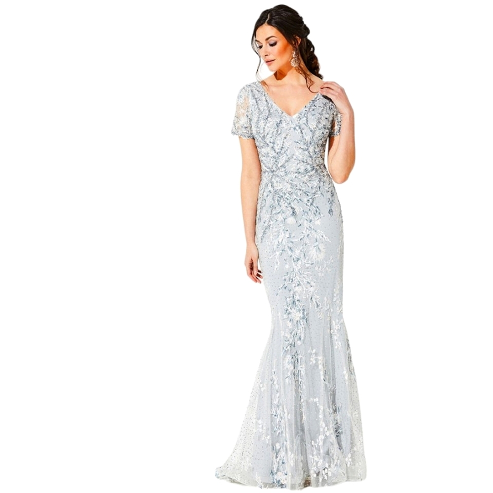 Nwot Ivonne D for Mon Cheri Silver Shortsleeve V Neckline Formal  Evening Gown